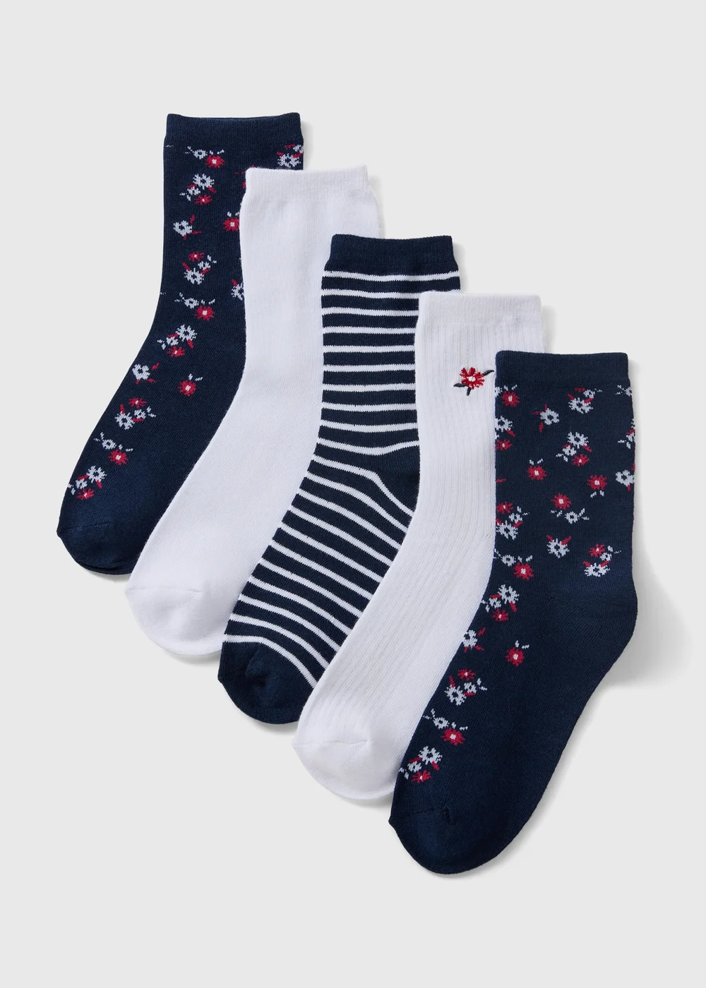 5 Pack Navy Floral Crew Socks - One Size Image 1
