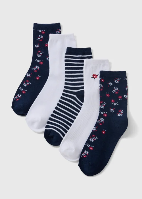5 Pack Navy Floral Crew Socks - One Size Image 1