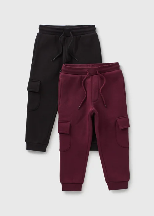 2 Pack Boys Black & Burgundy Cargo Jogging Bottoms (1-7yrs) - 1 half year to 2 Image 1