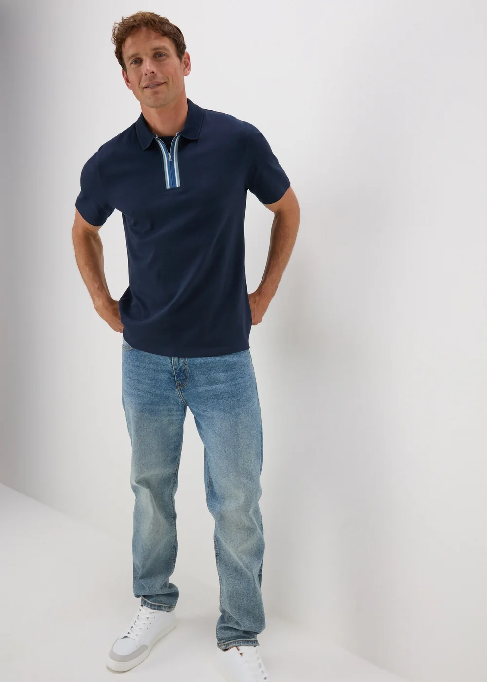 Navy Stripe Zip Polo Shirt - S Image 4