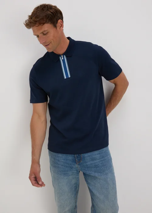 Navy Stripe Zip Polo Shirt - S Image 1