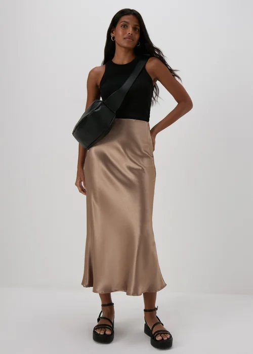 Brown Satin Midi Skirt - Size 8 Image 1