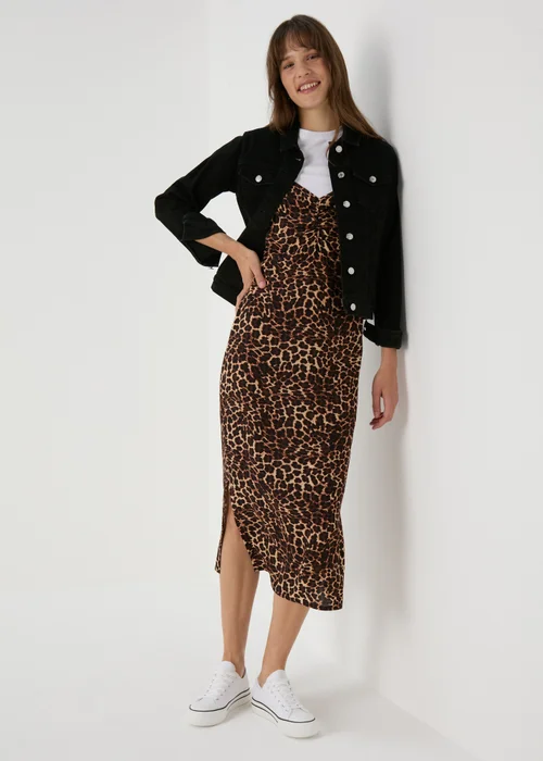 Brown Leopard Print 2 in 1 Cami Midi Dress - 8 Image 4