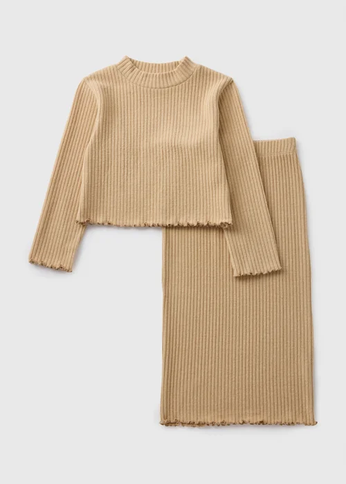 Girls Tan Ribbed Top & Skirt Set (7-15yrs) - Age 7 Years Image 1
