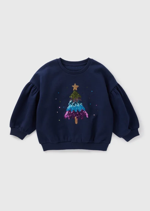 Girls Navy Sequin Christmas Tree Sweatshirt (1-7yrs) - 1-1.5 Yrs Image 1