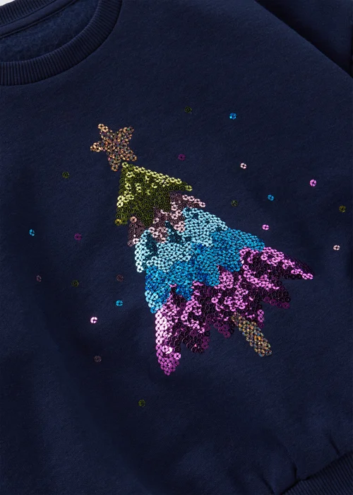 Girls Navy Sequin Christmas Tree Sweatshirt (1-7yrs) - 1-1.5 Yrs Image 2