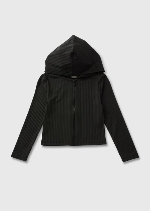 Girls Black Ribbed Zip Up Hoodie (7-15yrs) - Age 7 Years Image 1
