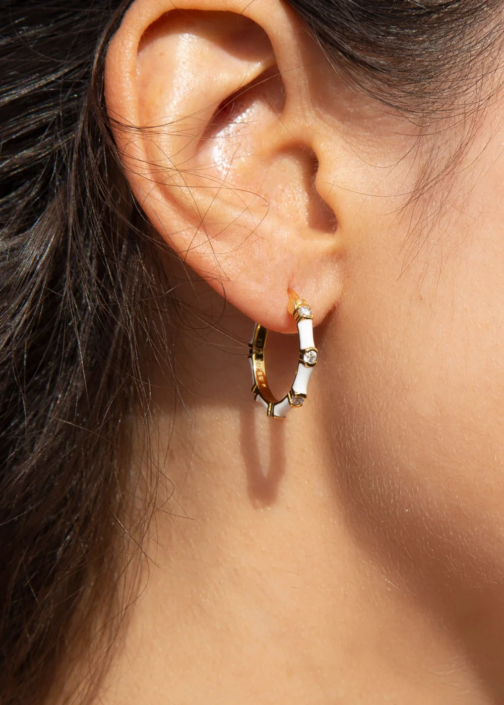 Golden Moments Yellow Gold Plated CZs White Enamel Hoop Earrings - One Size Image 3