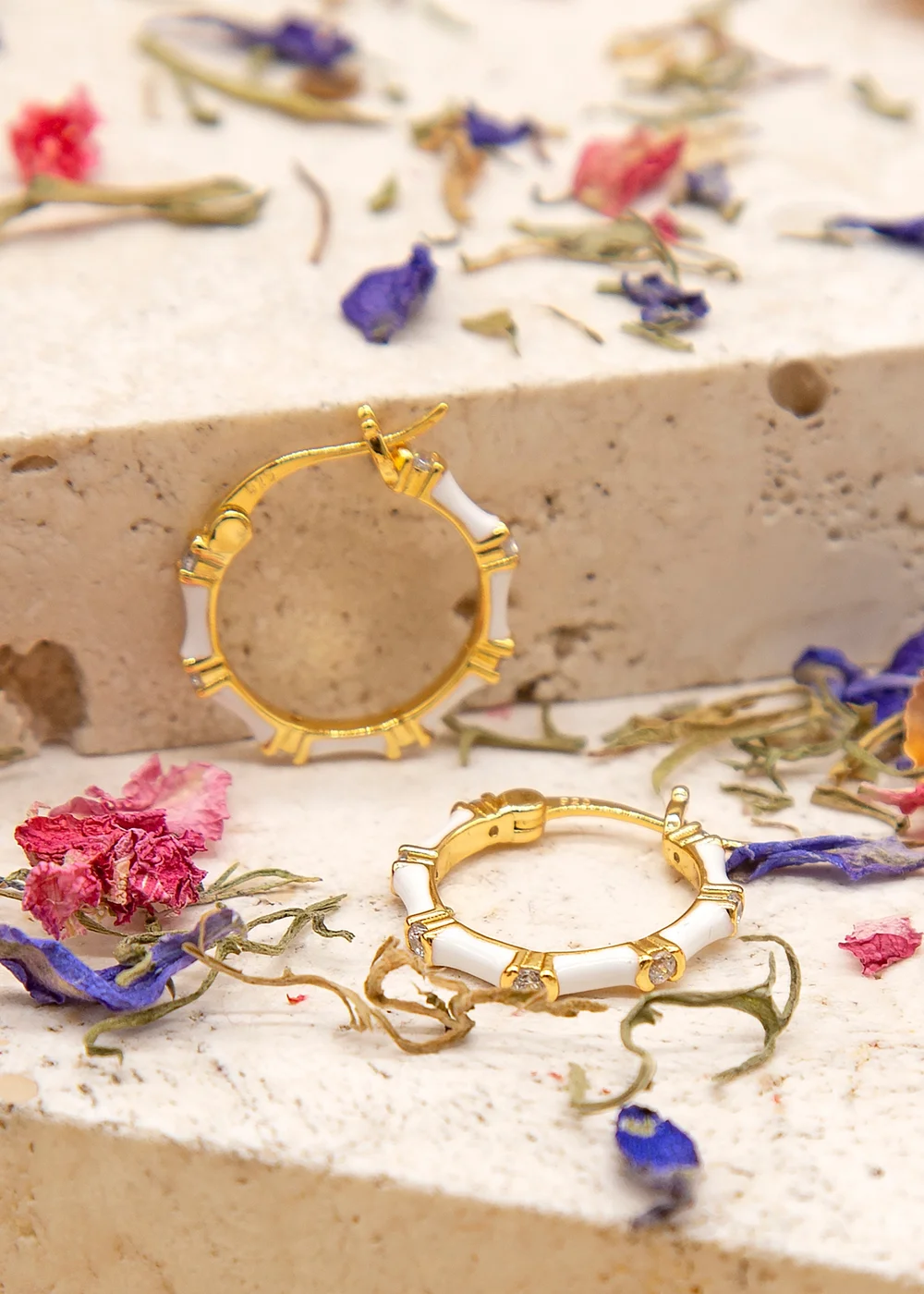 Golden Moments Yellow Gold Plated CZs White Enamel Hoop Earrings - One Size Image 2