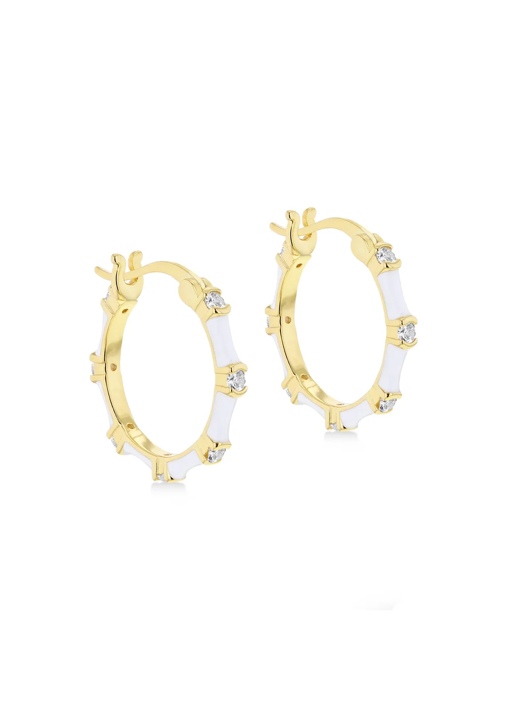 Golden Moments Yellow Gold Plated CZs White Enamel Hoop Earrings - One Size Image 1