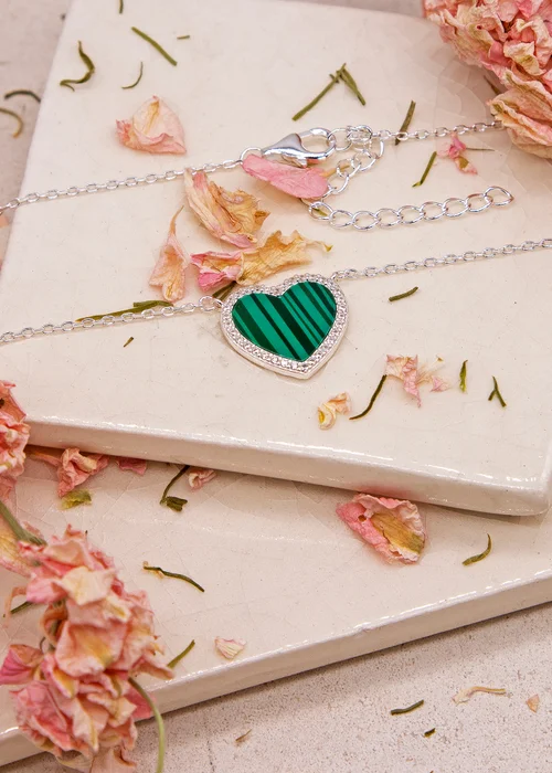 Golden Moments Sterling Silver Heart Malachite and CZ Necklace - One Size Image 2