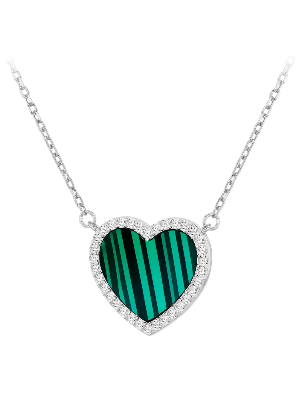 Golden Moments Sterling Silver Heart Malachite and CZ Necklace - One Size Image 1