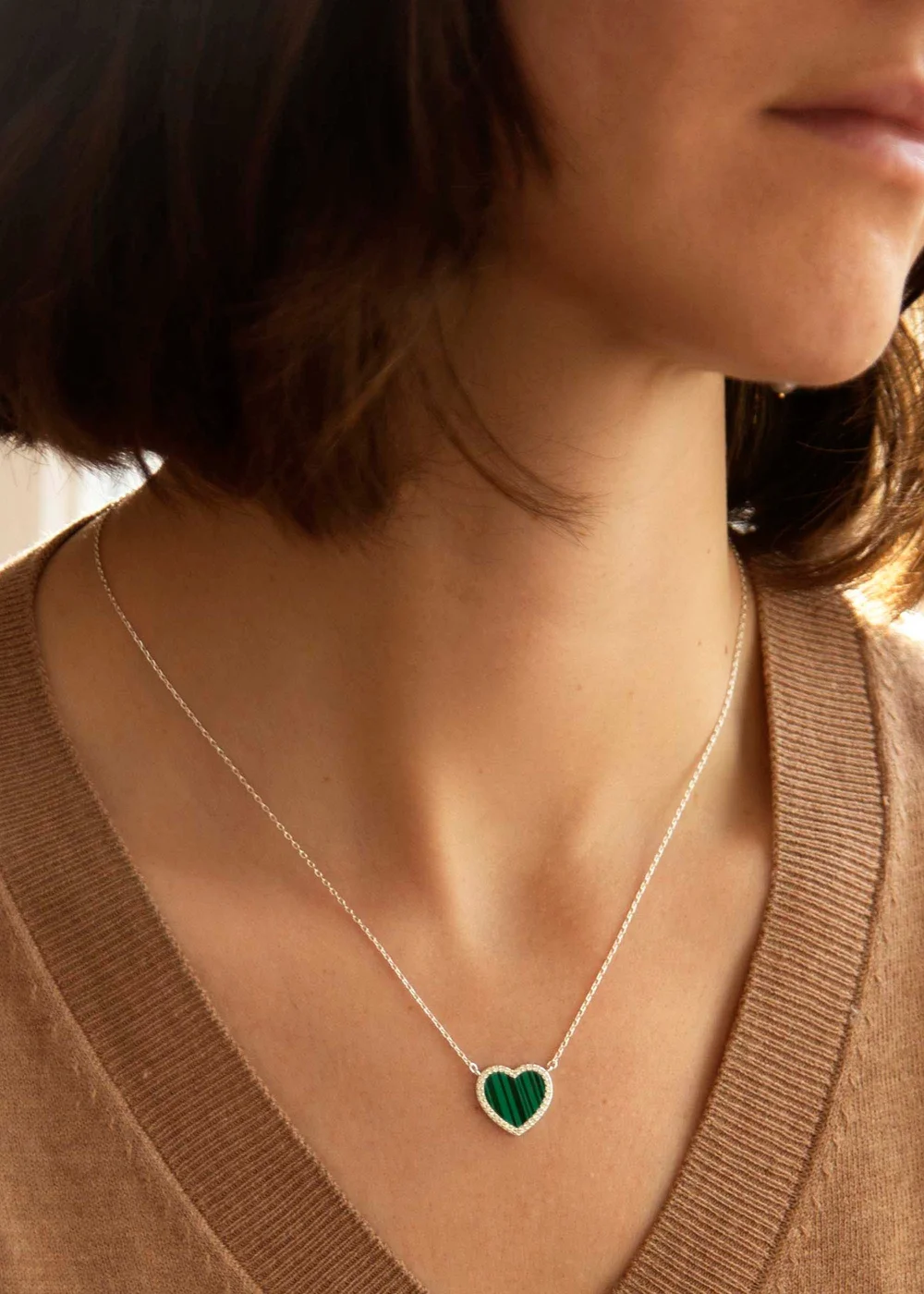 Golden Moments Sterling Silver Heart Malachite and CZ Necklace - One Size Image 3