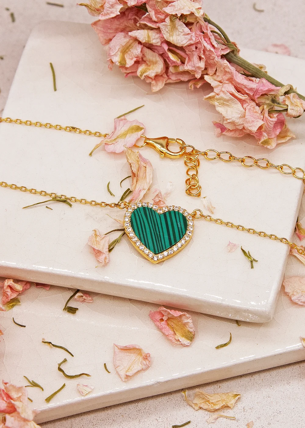 Golden Moments Yellow Gold Plated Heart Malachite and CZ Necklace - One Size Image 2