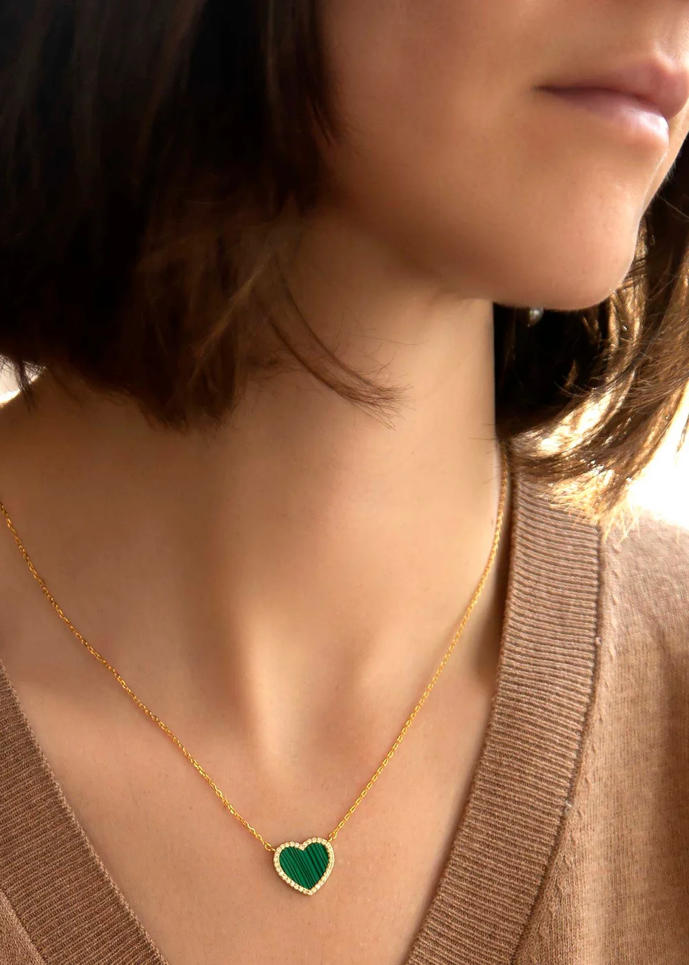 Golden Moments Yellow Gold Plated Heart Malachite and CZ Necklace - One Size Image 3