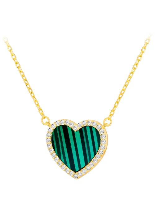 Golden Moments Yellow Gold Plated Heart Malachite and CZ Necklace - One Size Image 1