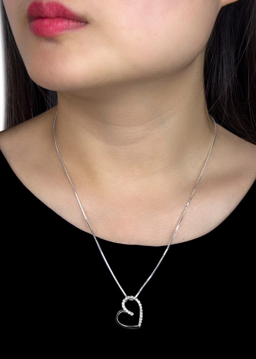 Golden Moments Sterling Silver CZ Half Polished Heart Slider Necklace - One Size Image 3