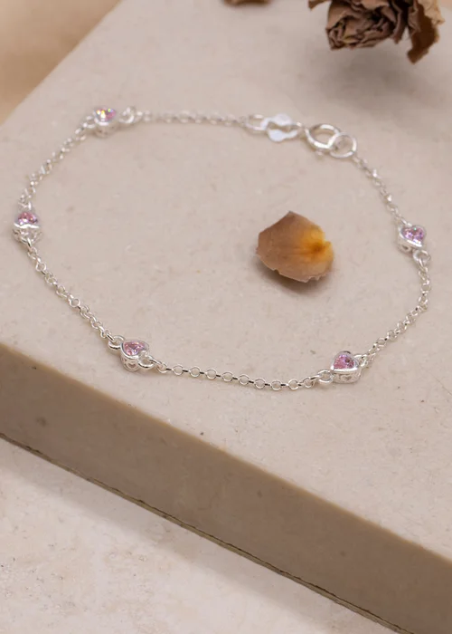 Golden Moments Sterling Silver Pink CZ Heart Bracelet - One Size Image 2