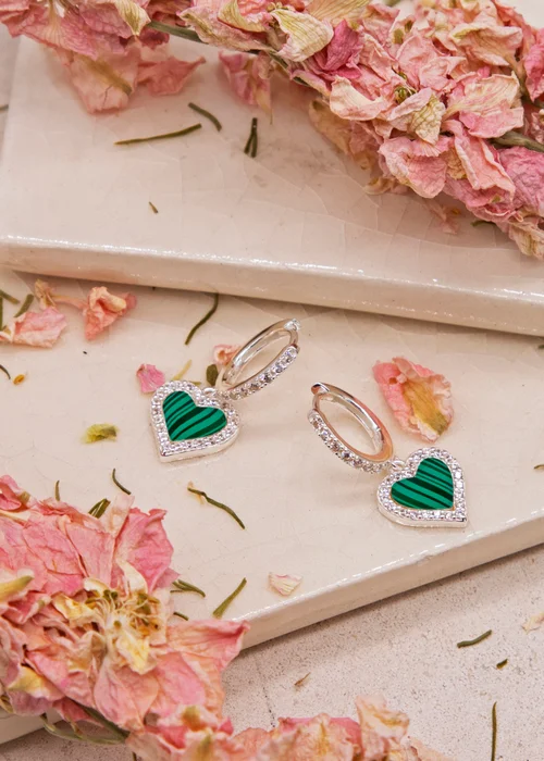 Golden Moments Sterling Silver Malachite and CZ Heart Drop Earring - One Size Image 2