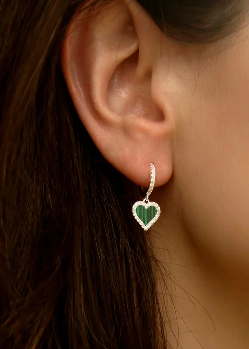 Golden Moments Sterling Silver Malachite and CZ Heart Drop Earring - One Size Image 3