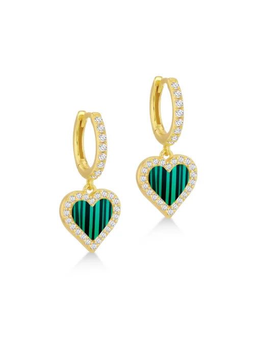 Golden Moments Sterling Silver Yellow Gold Plated Malachite and CZ Heart Drop Earring - One Size Image 1