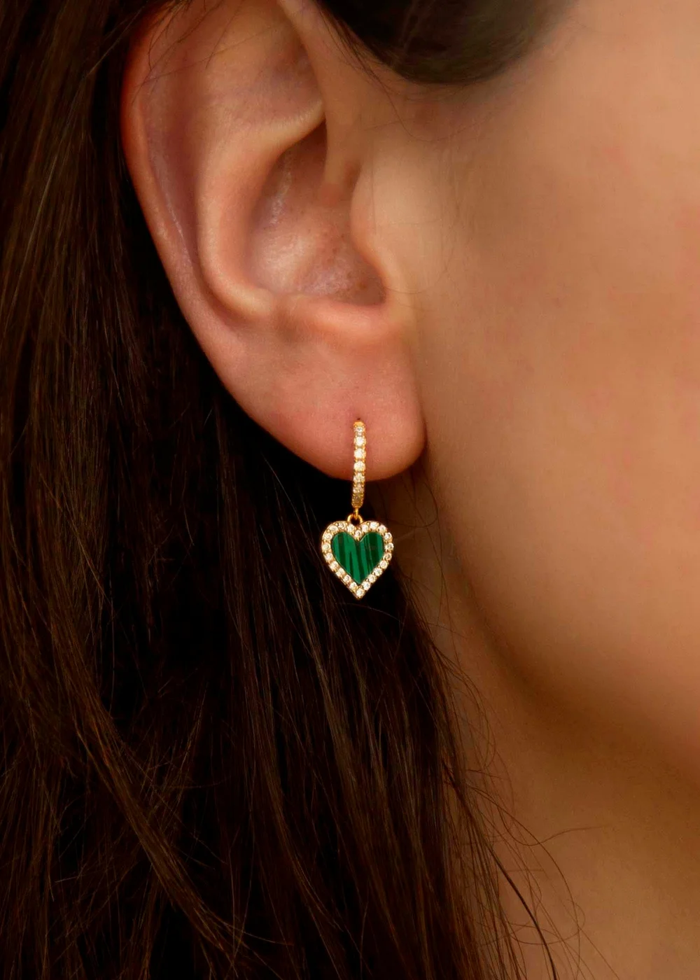Golden Moments Sterling Silver Yellow Gold Plated Malachite and CZ Heart Drop Earring - One Size Image 3