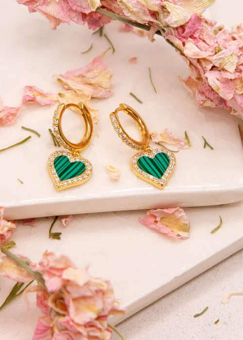Golden Moments Sterling Silver Yellow Gold Plated Malachite and CZ Heart Drop Earring - One Size Image 2