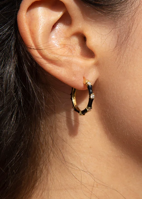Golden Moments Yellow Gold Plated CZs Black Enamel Hoop Earrings - One Size Image 3
