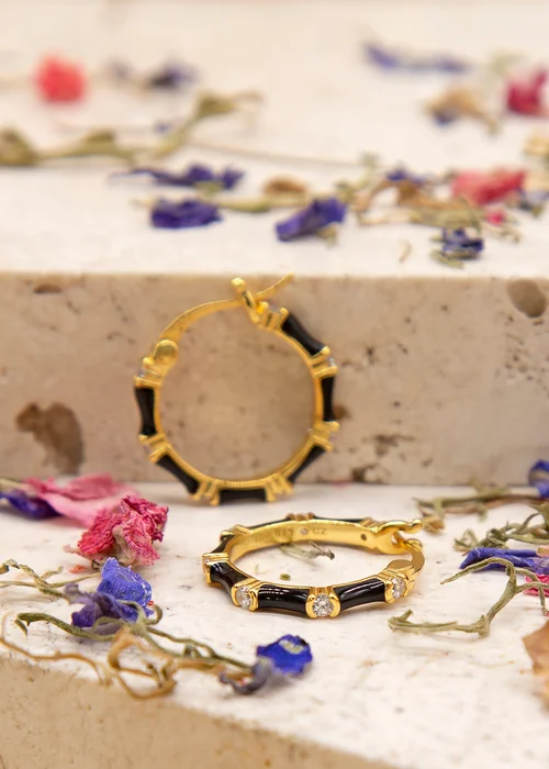 Golden Moments Yellow Gold Plated CZs Black Enamel Hoop Earrings - One Size Image 2