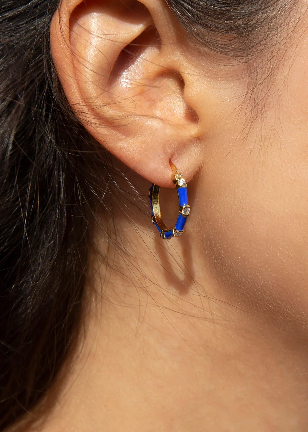 Golden Moments Yellow Gold Plated CZs Blue Enamel Hoop Earrings - One Size Image 3