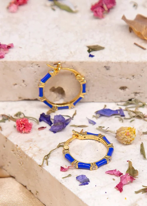 Golden Moments Yellow Gold Plated CZs Blue Enamel Hoop Earrings - One Size Image 2