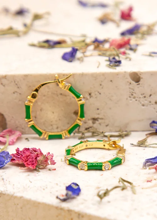 Golden Moments Yellow Gold Plated CZs Green Enamel Hoop Earrings - One Size Image 2