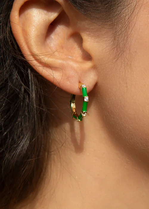 Golden Moments Yellow Gold Plated CZs Green Enamel Hoop Earrings - One Size Image 3