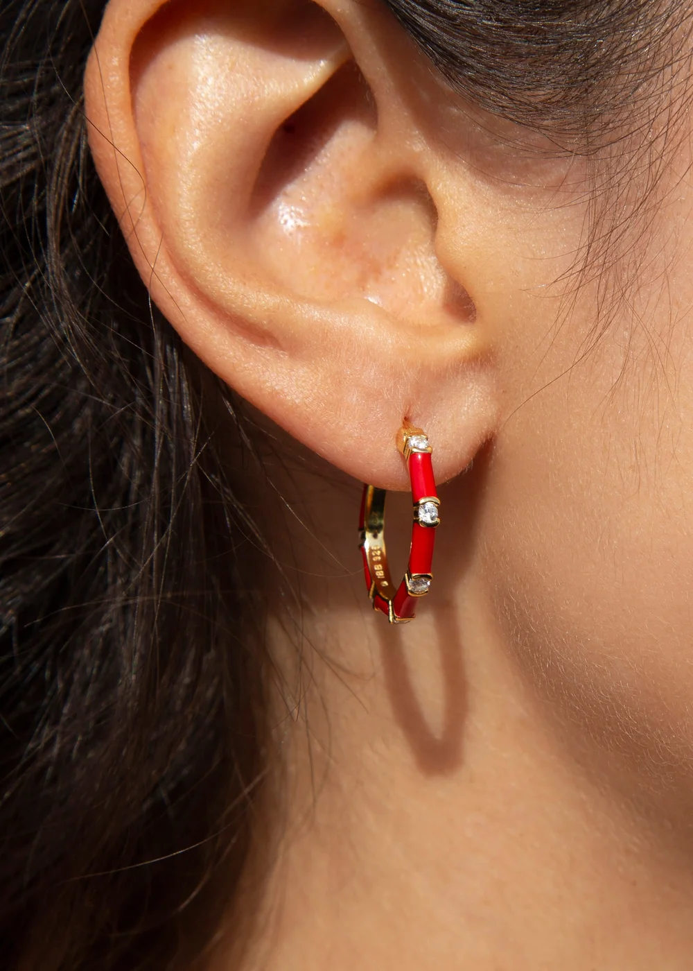 Golden Moments Yellow Gold Plated CZs Red Enamel Hoop Earrings - One Size Image 3