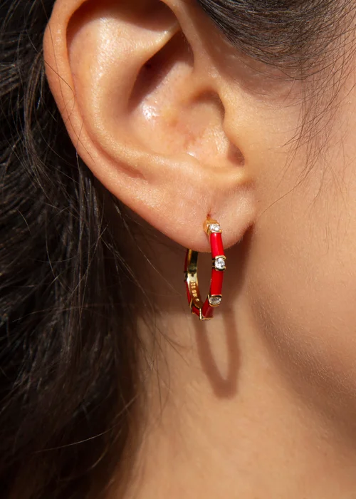 Golden Moments Yellow Gold Plated CZs Red Enamel Hoop Earrings - One Size Image 3