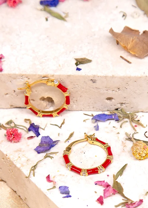 Golden Moments Yellow Gold Plated CZs Red Enamel Hoop Earrings - One Size Image 2