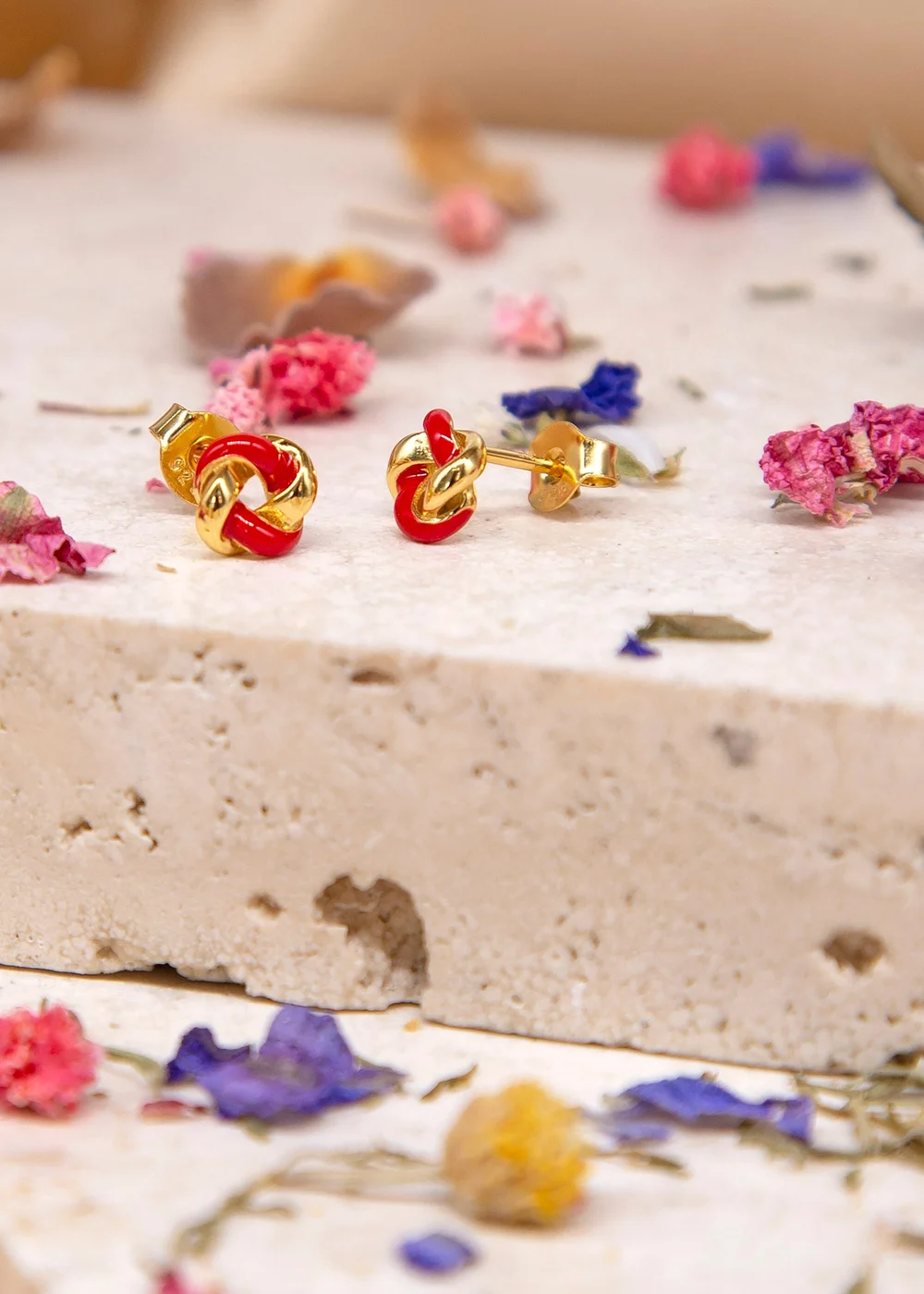 Golden Moments Yellow Gold Plated Red Enamel Small Knot Studs - One Size Image 2