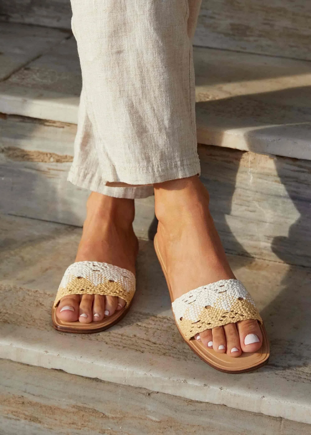 Linzi Antonia White & Natural Two-Tone Woven Slider Sandal - 3 Image 1