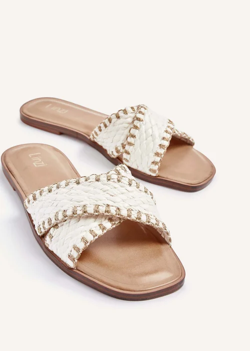 Linzi Honey White & Gold Woven Crossover Flat Slider Sandals - 3 Image 5