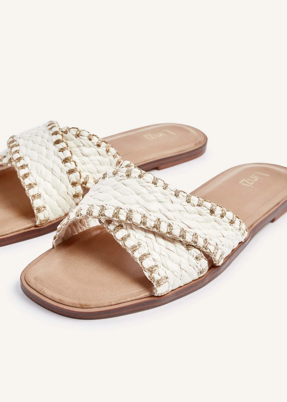 Linzi Honey White & Gold Woven Crossover Flat Slider Sandals - 3 Image 4