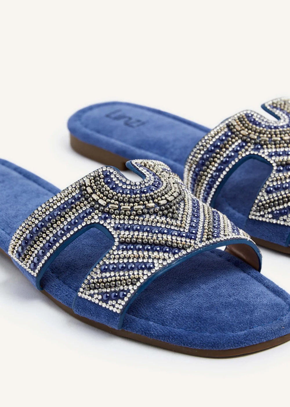 Linzi Indira Cobalt Blue Suede Aztec Design Embellished Slider Sandal - 3 Image 4