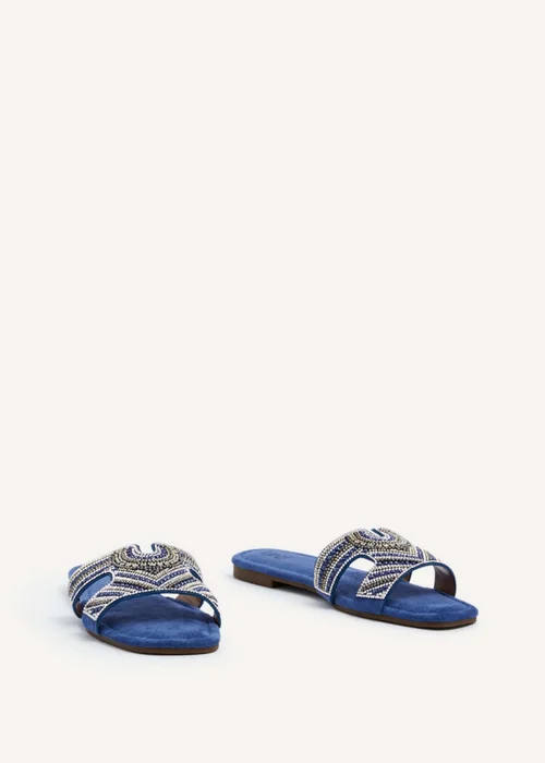 Linzi Indira Cobalt Blue Suede Aztec Design Embellished Slider Sandal - 3 Image 3