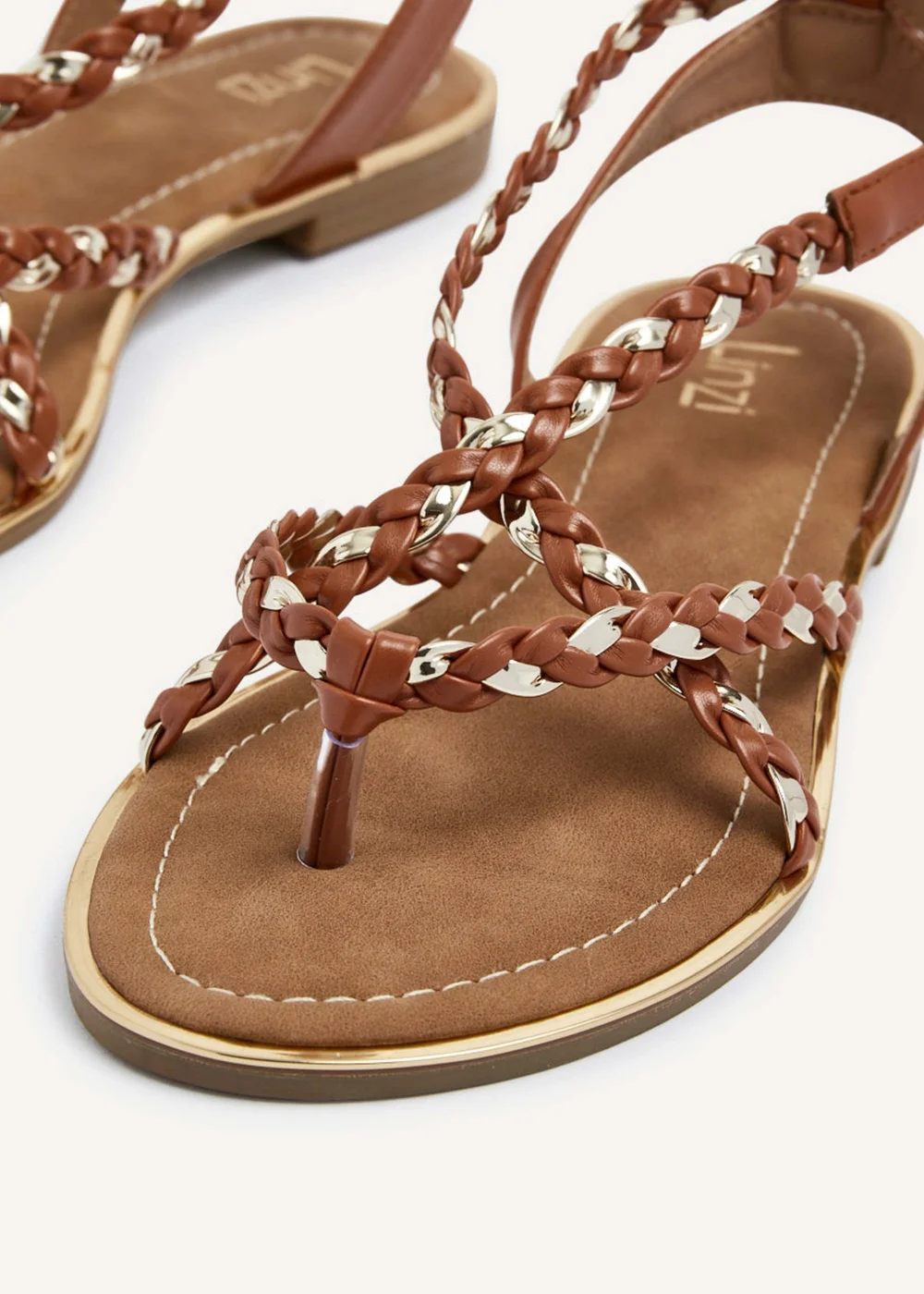 Linzi Nova Tan & Gold Faux Leather Plaited Gladiator Style Sandal - 3 Image 4