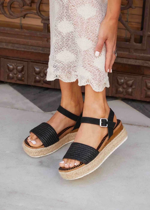 Linzi Panama Black Raffia Two Part Espadrille Inspired Flatform Sandal - 3 Image 1