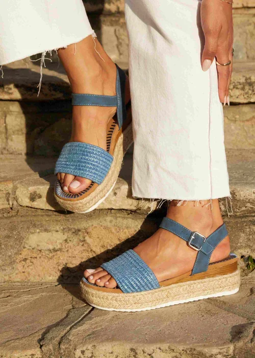 Linzi Panama Blue Raffia Two Part Espadrille Inspired Flatform Sandal - 3 Image 1
