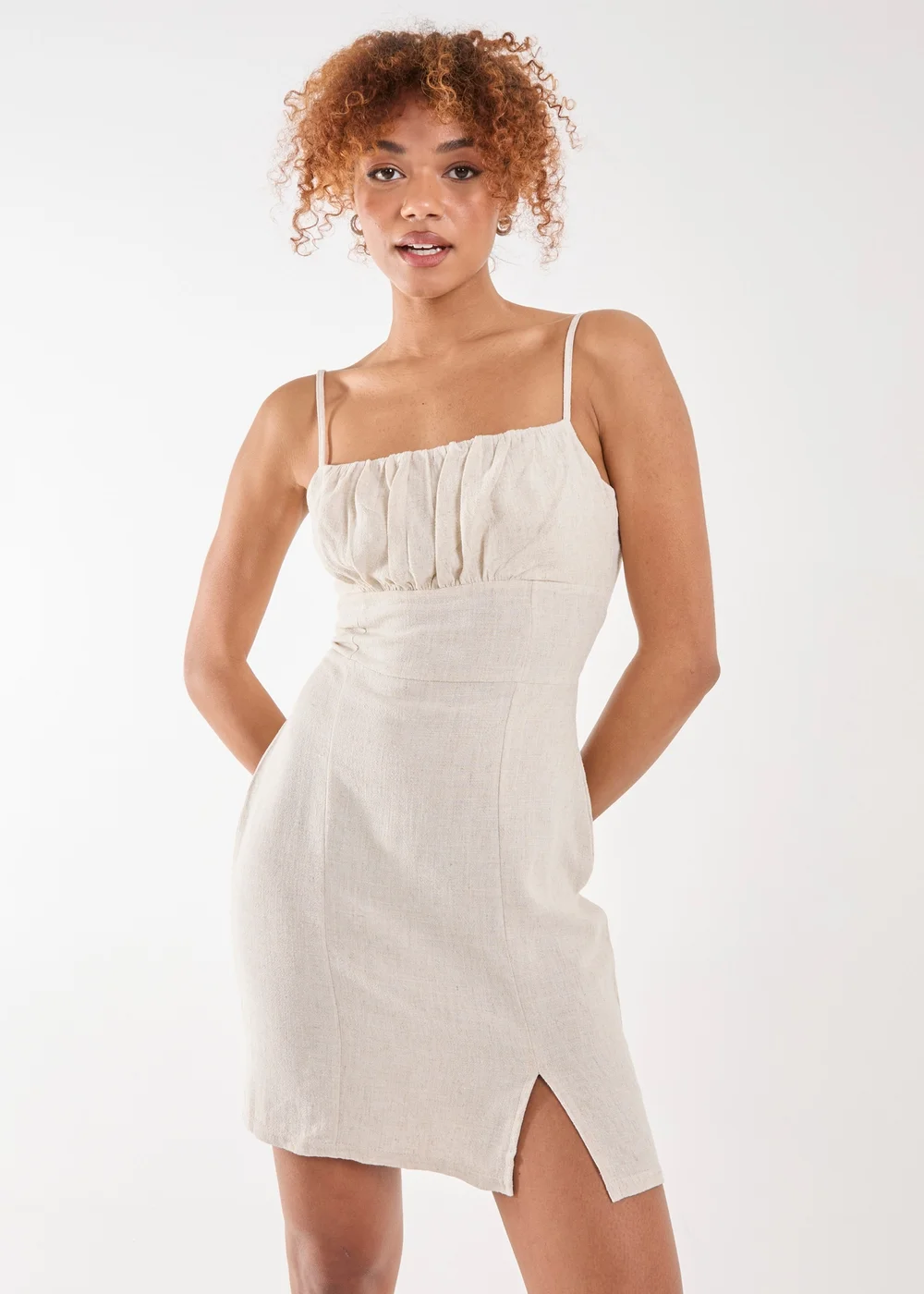 Pink Vanilla Stone Linen Ruched Strappy Mini Dress - 6 Image 1