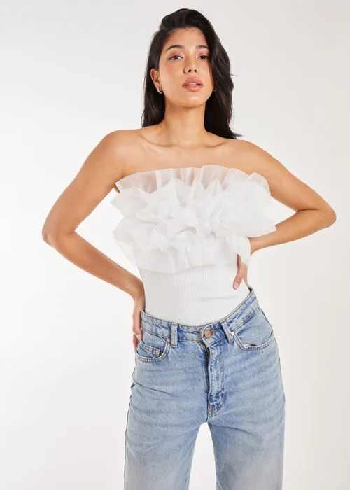 Pink Vanilla White Corsage Front Ruffle Bodysuit - Small Image 1