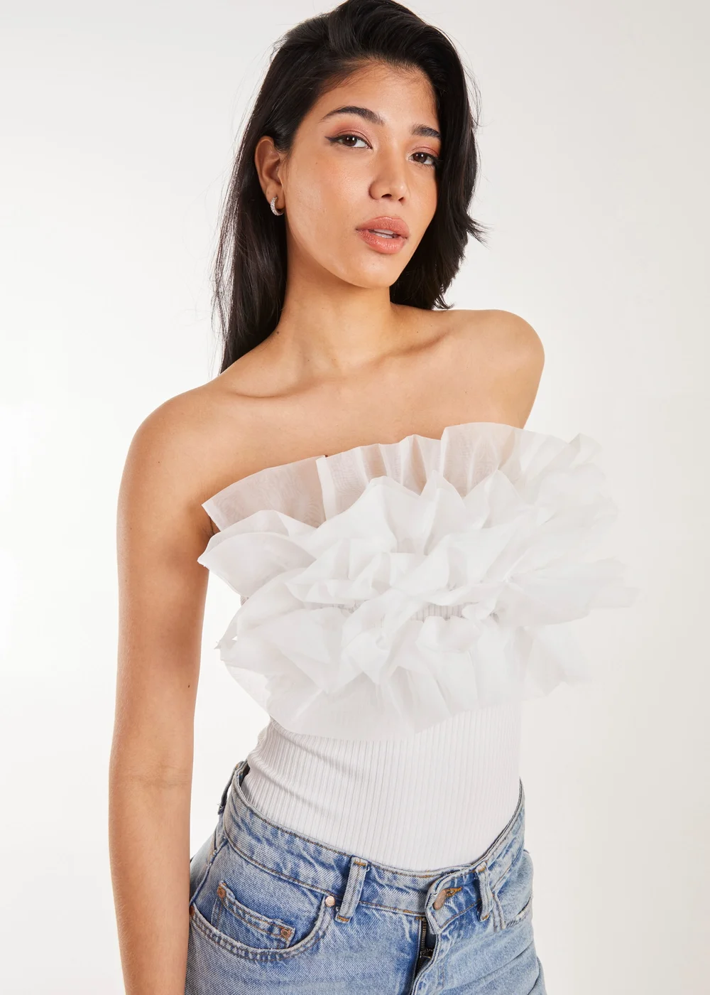 Pink Vanilla White Corsage Front Ruffle Bodysuit - Small Image 3