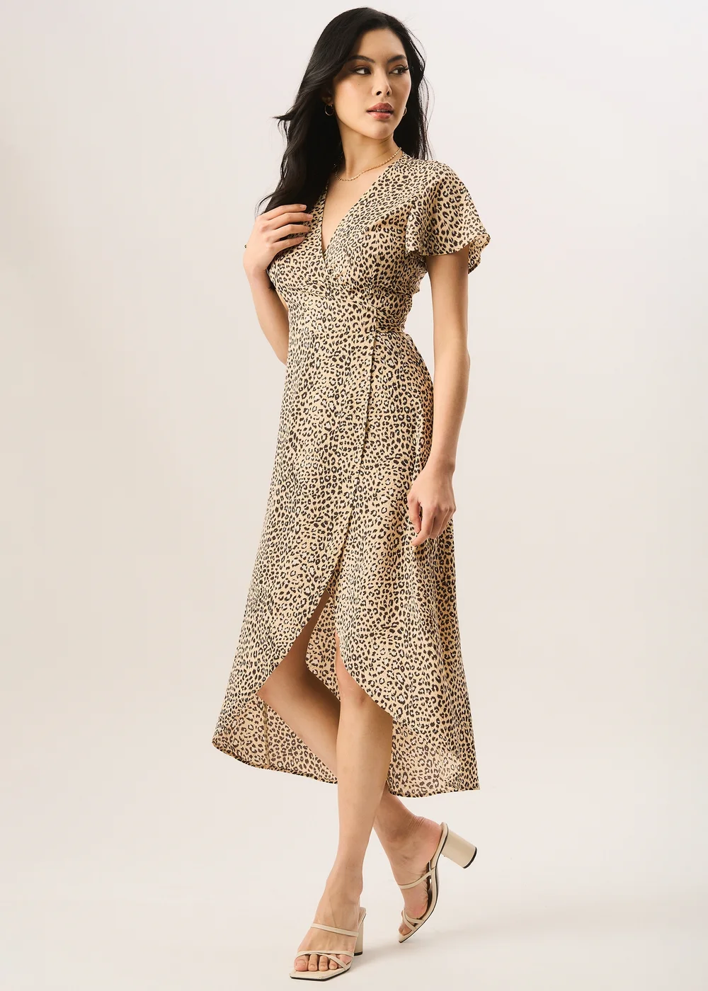 Gini London Beige Animal Printed Wrap Midi Dress - Size 8 Image 1