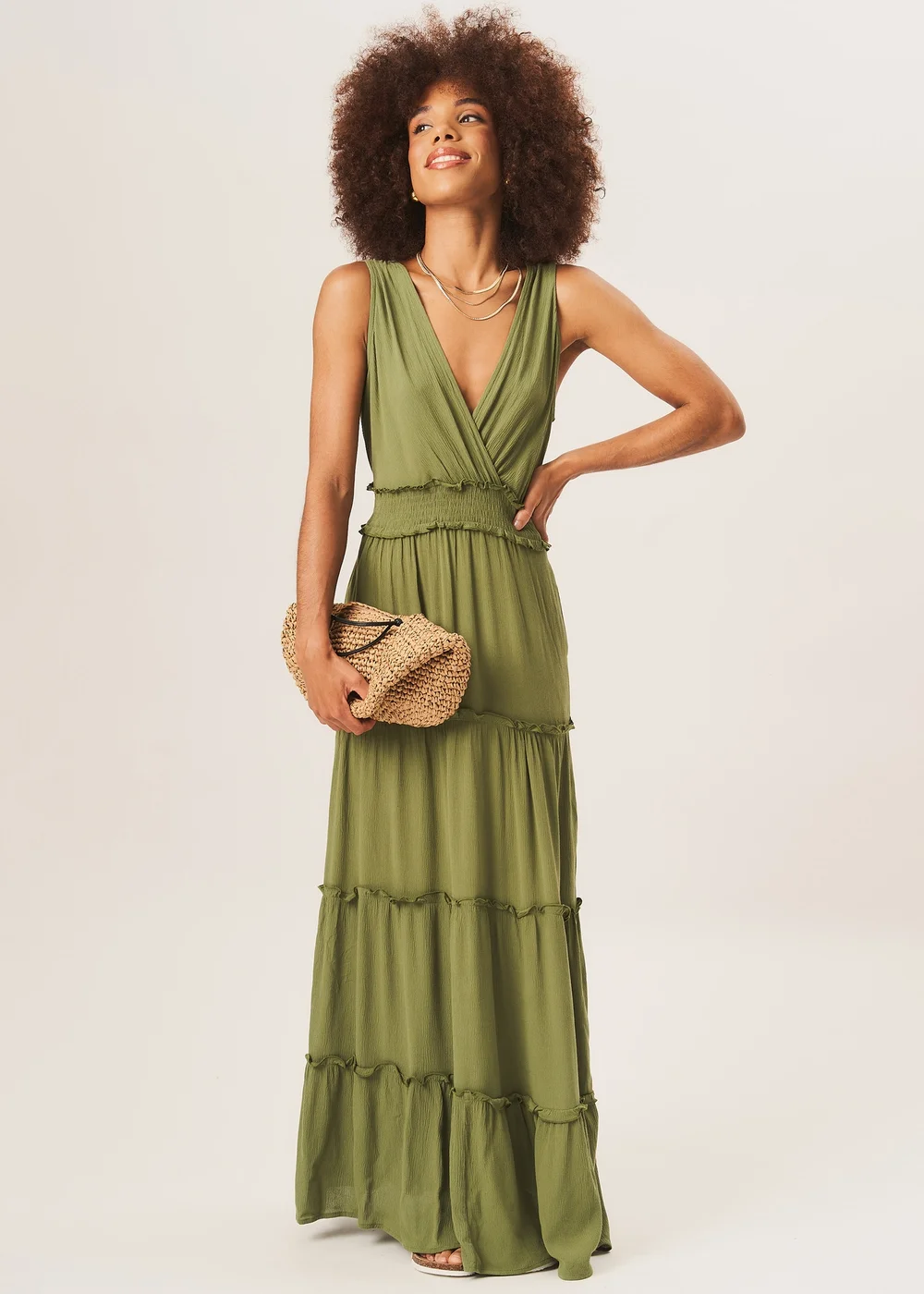 Gini London Khaki Shirred Waist Wrap Tiered Midi Dress - Size 8 Image 1